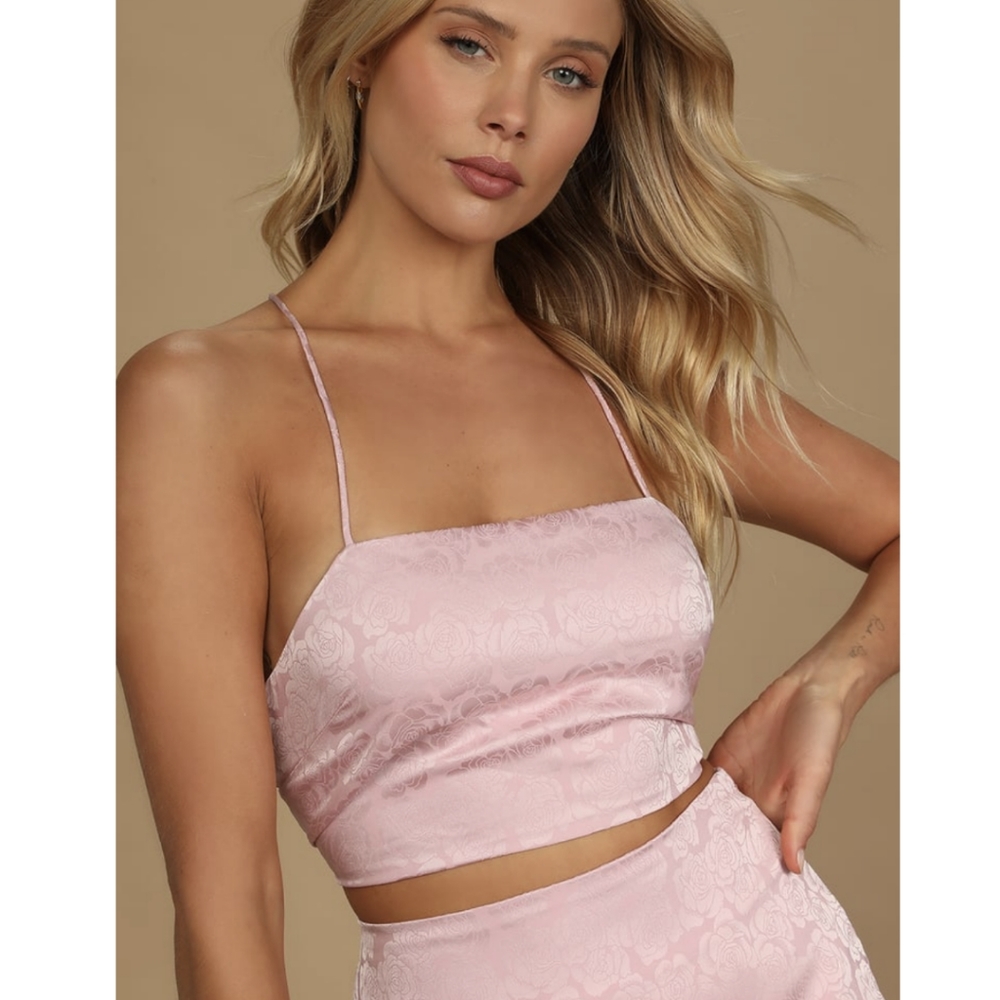 Lulus “In a Bliss” Pink Floral Satin Lace-Up Cami - Rosette Jacquard Crop Top